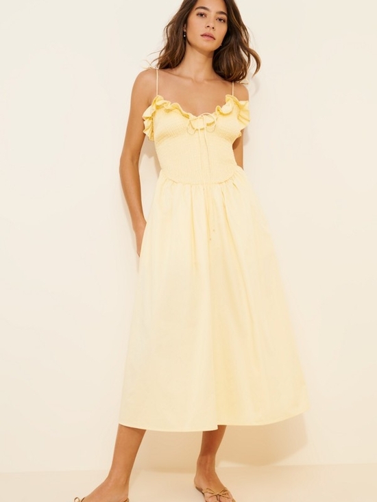 For Love And Lemons Dresses & Skirts - For Love & Lemons Pale Yellow Smocked Ruffle Midi Dress